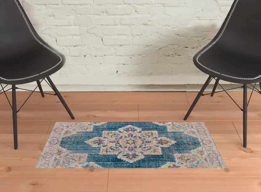 Teal Blue Medallion Power Loom Area Rug With Fringe Photo 4