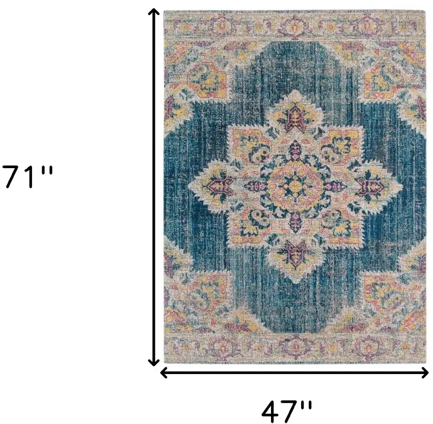 Teal Blue Medallion Power Loom Area Rug With Fringe Photo 7