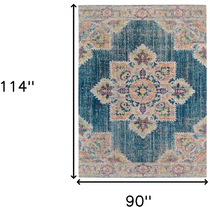 Teal Blue Medallion Power Loom Area Rug With Fringe Photo 7