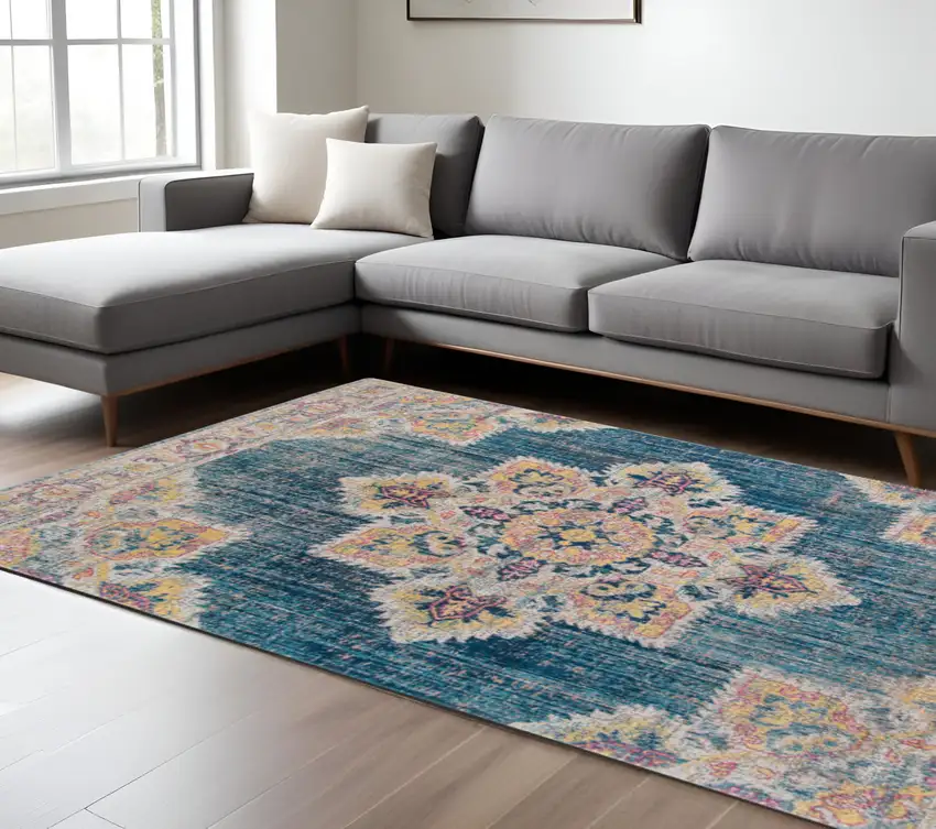 Yellow and Navy Medallion Power Loom Area Rug Photo 1