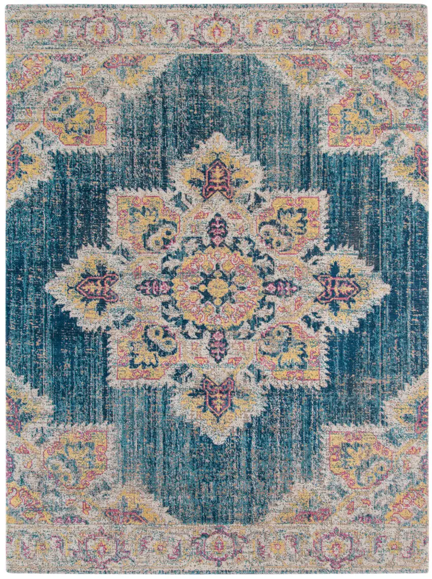 Teal Blue Medallion Power Loom Area Rug With Fringe Photo 1