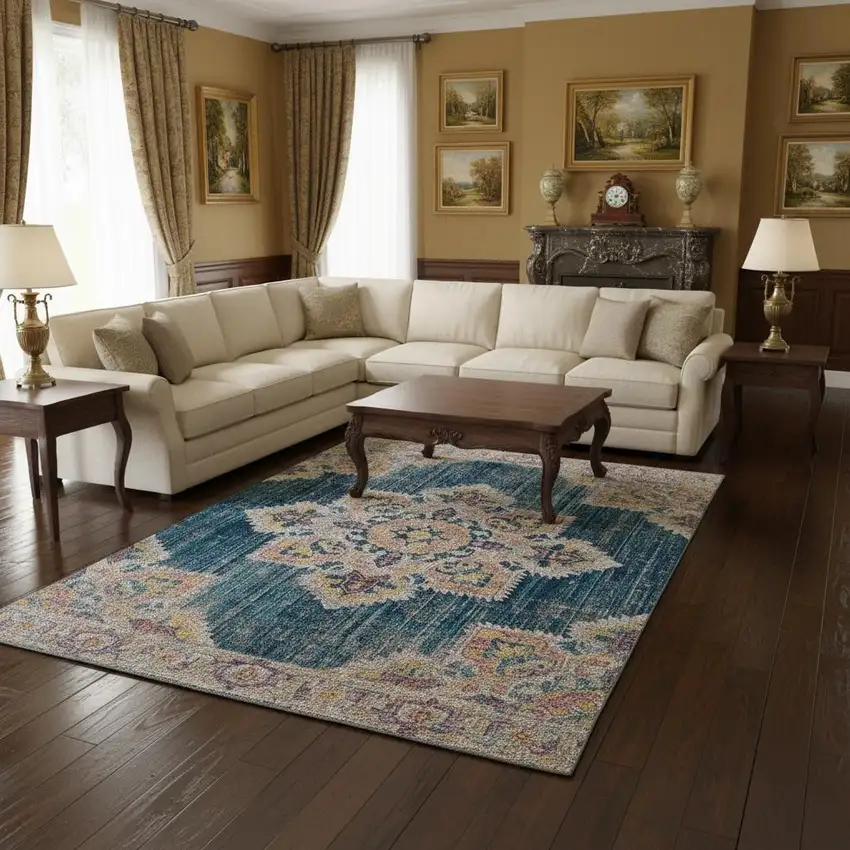 Blue Rust And Beige Medallion Area Rug Photo 1