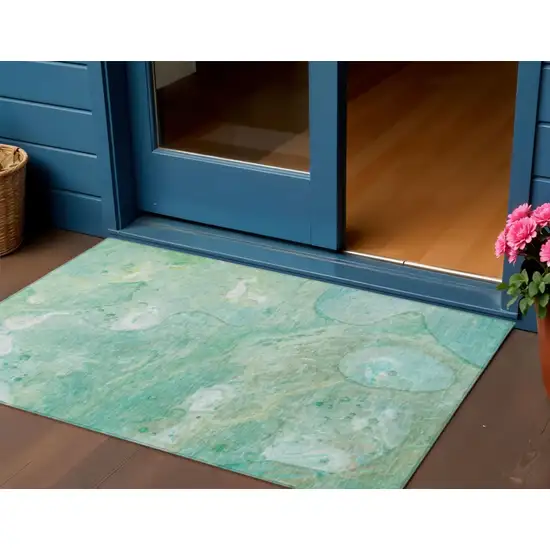 Teal Blue Mint Green And Ivory Abstract Washable Indoor Outdoor Area Rug Photo 2