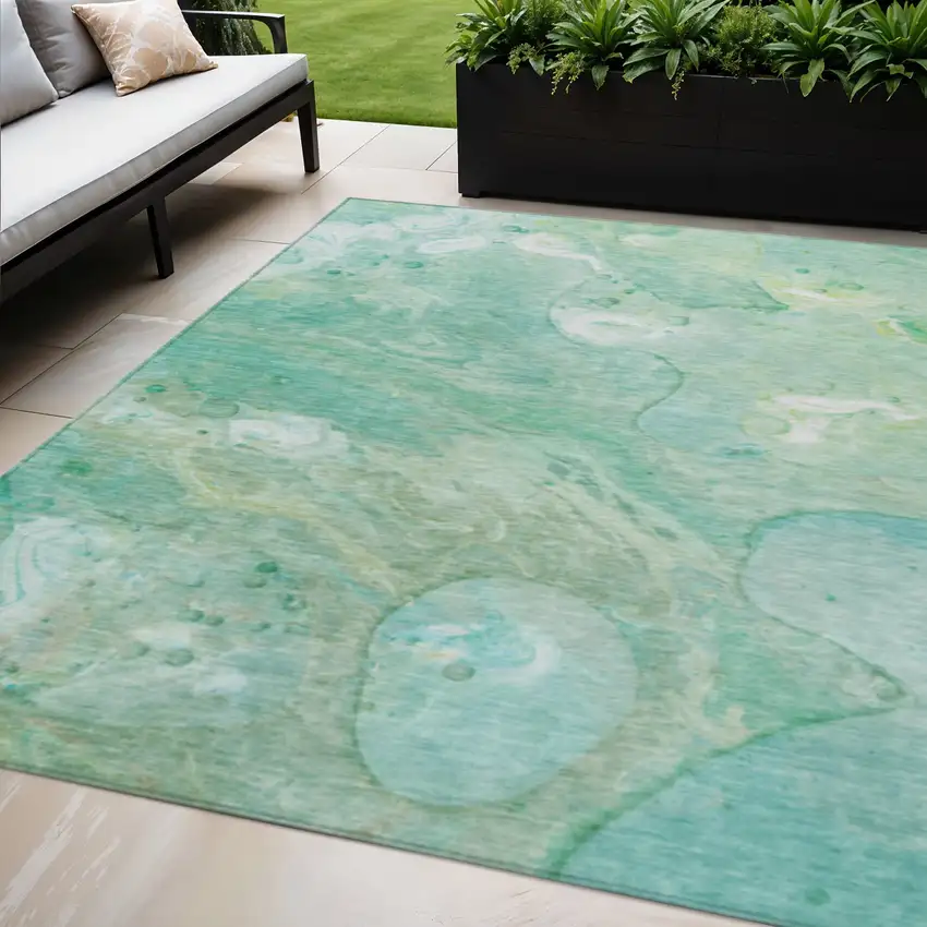 Teal Blue Mint Green And Ivory Abstract Washable Indoor Outdoor Area Rug Photo 2