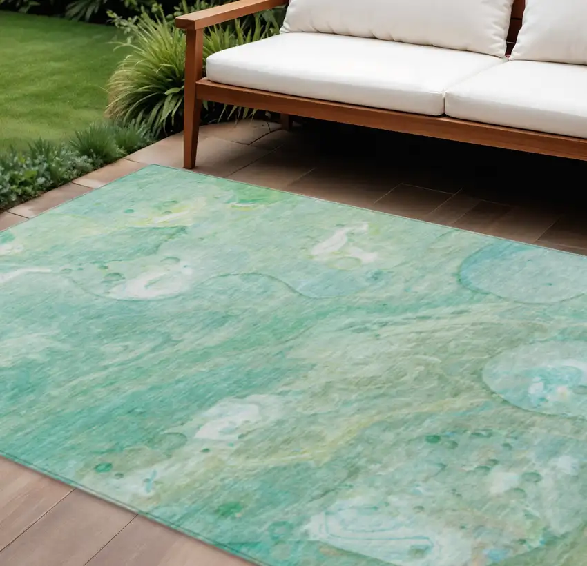 Teal Blue Mint Green And Ivory Abstract Washable Indoor Outdoor Area Rug Photo 2