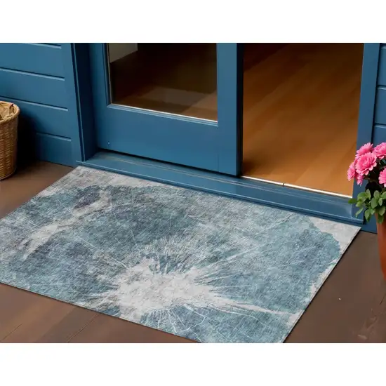 Teal Blue Navy Blue And Gray Abstract Washable Indoor Outdoor Area Rug Photo 1