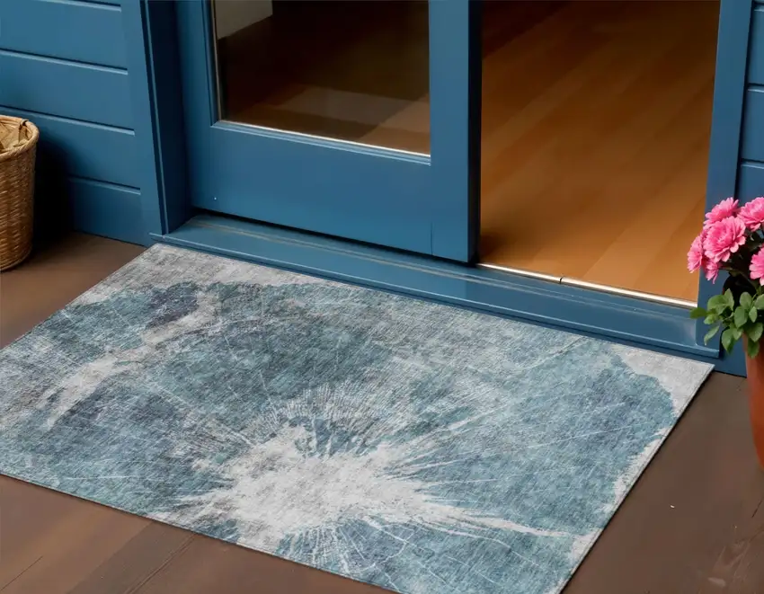 Teal Blue Navy Blue And Gray Abstract Washable Indoor Outdoor Area Rug Photo 1