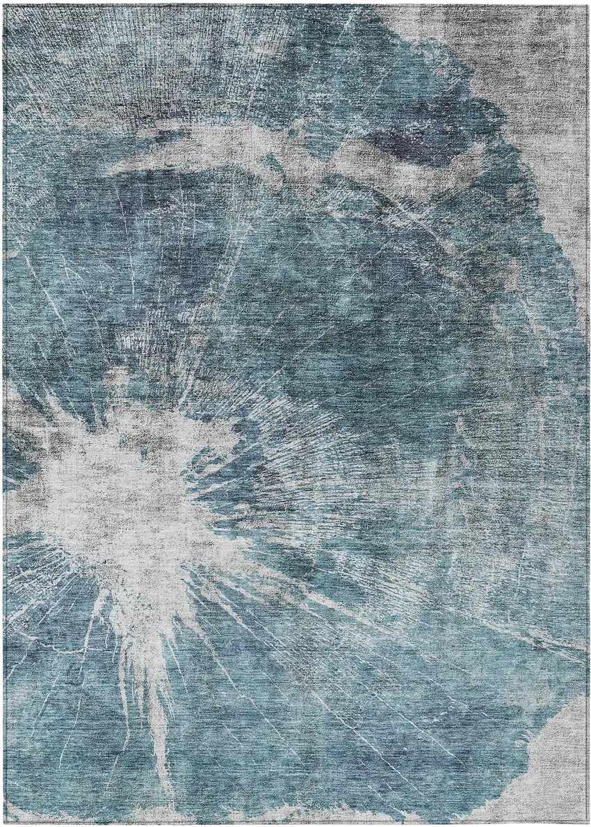 Teal Blue Navy Blue And Gray Abstract Washable Indoor Outdoor Area Rug Photo 1