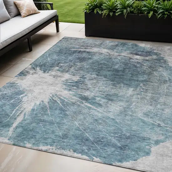 Teal Blue Navy Blue And Gray Abstract Washable Indoor Outdoor Area Rug Photo 1