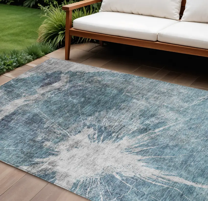 Teal Blue Navy Blue And Gray Abstract Washable Indoor Outdoor Area Rug Photo 1