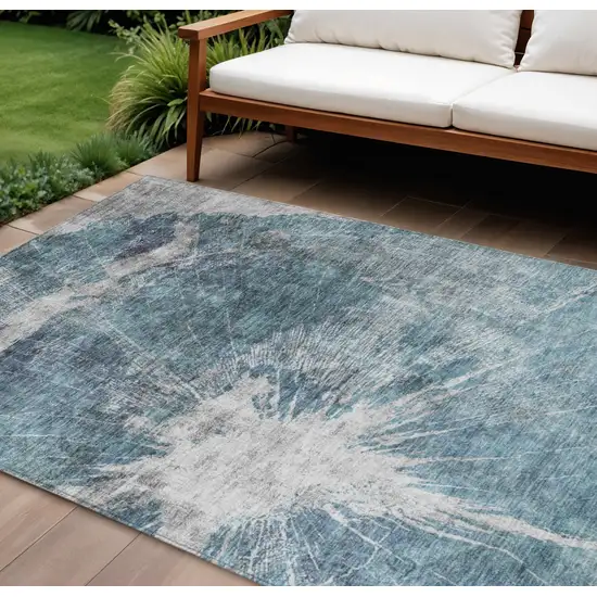 Teal Blue Navy Blue And Gray Abstract Washable Indoor Outdoor Area Rug Photo 1