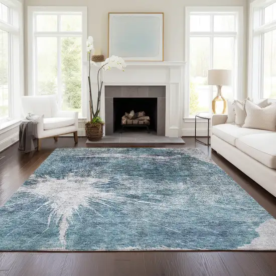 Teal Blue Navy Blue And Gray Abstract Washable Indoor Outdoor Area Rug Photo 7
