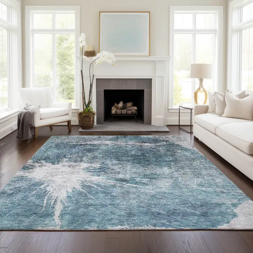 Teal Blue Navy Blue And Gray Abstract Washable Indoor Outdoor Area Rug Photo 7