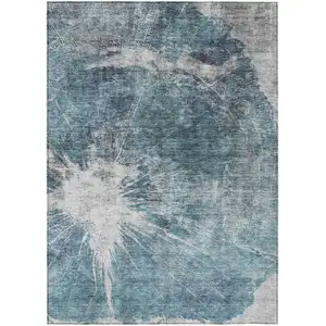 Photo of Teal Blue Navy Blue And Gray Abstract Washable Indoor Outdoor Area Rug