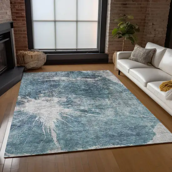 Teal Blue Navy Blue And Gray Abstract Washable Indoor Outdoor Area Rug Photo 8