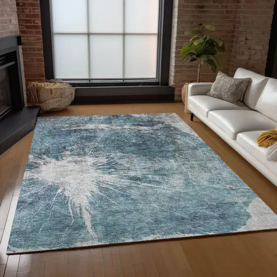 Teal Blue Navy Blue And Gray Abstract Washable Indoor Outdoor Area Rug Photo 8