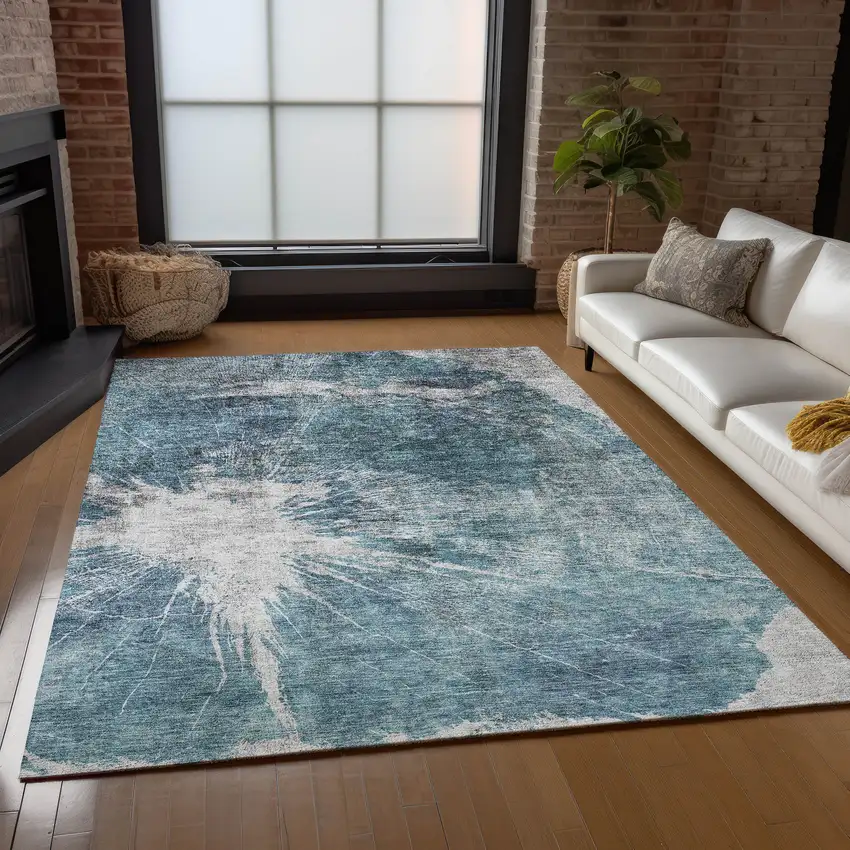 Teal Blue Navy Blue And Gray Abstract Washable Indoor Outdoor Area Rug Photo 8