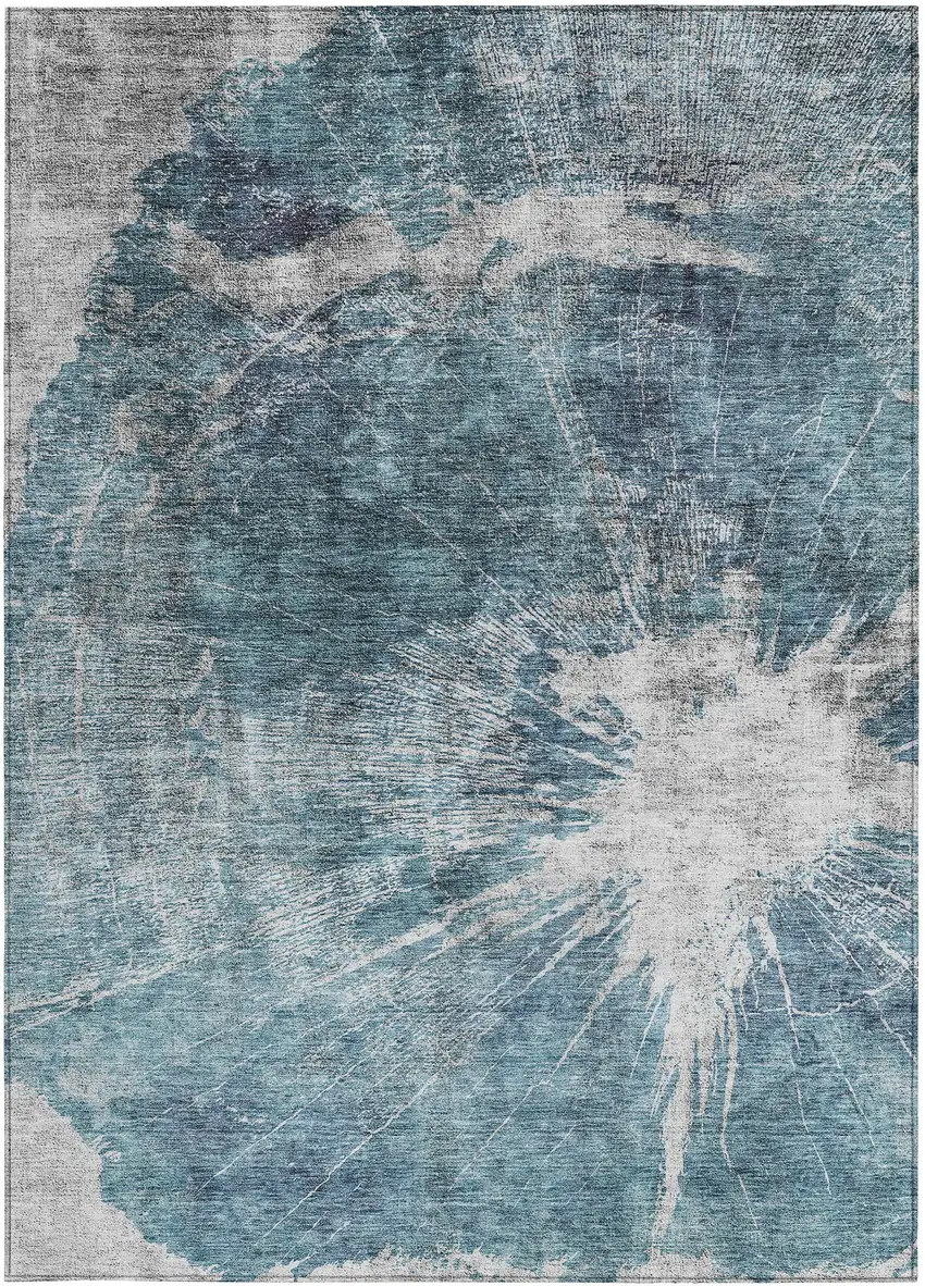 Teal Blue Navy Blue And Gray Abstract Washable Indoor Outdoor Area Rug Photo 5