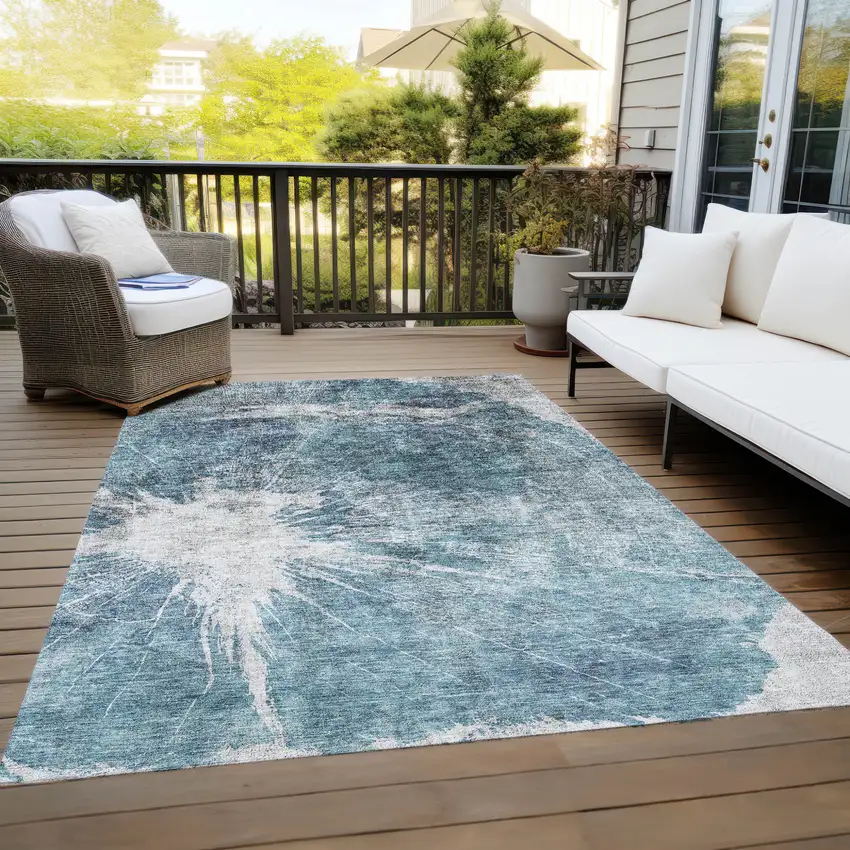 Teal Blue Navy Blue And Gray Abstract Washable Indoor Outdoor Area Rug Photo 9