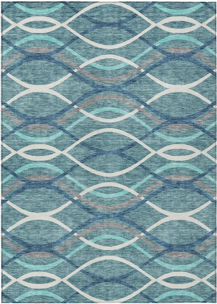 Teal Blue Navy Blue And Gray Abstract Washable Indoor Outdoor Area Rug Photo 1