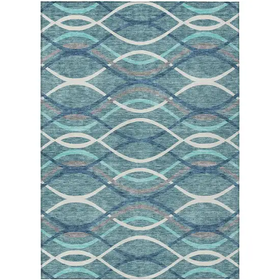 Teal Blue Navy Blue And Gray Abstract Washable Indoor Outdoor Area Rug Photo 1