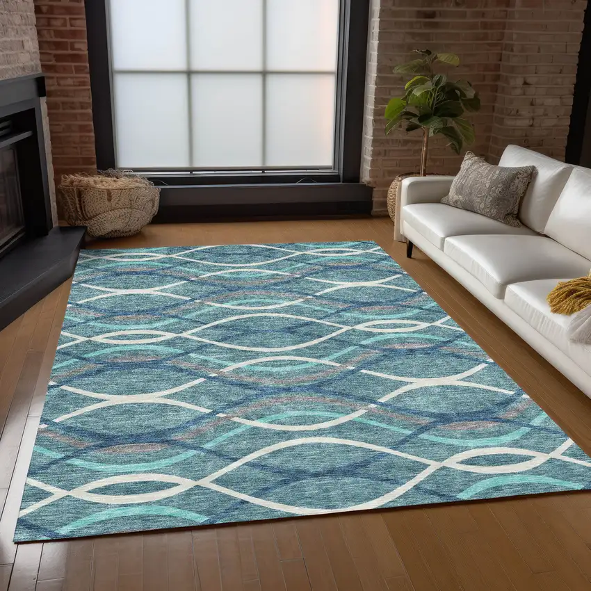Teal Blue Navy Blue And Gray Abstract Washable Indoor Outdoor Area Rug Photo 8