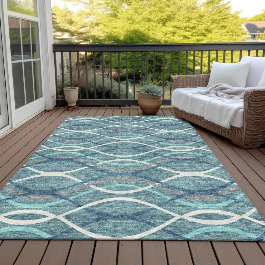 Teal Blue Navy Blue And Gray Abstract Washable Indoor Outdoor Area Rug Photo 6