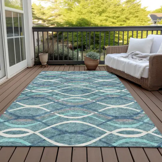 Teal Blue Navy Blue And Gray Abstract Washable Indoor Outdoor Area Rug Photo 6