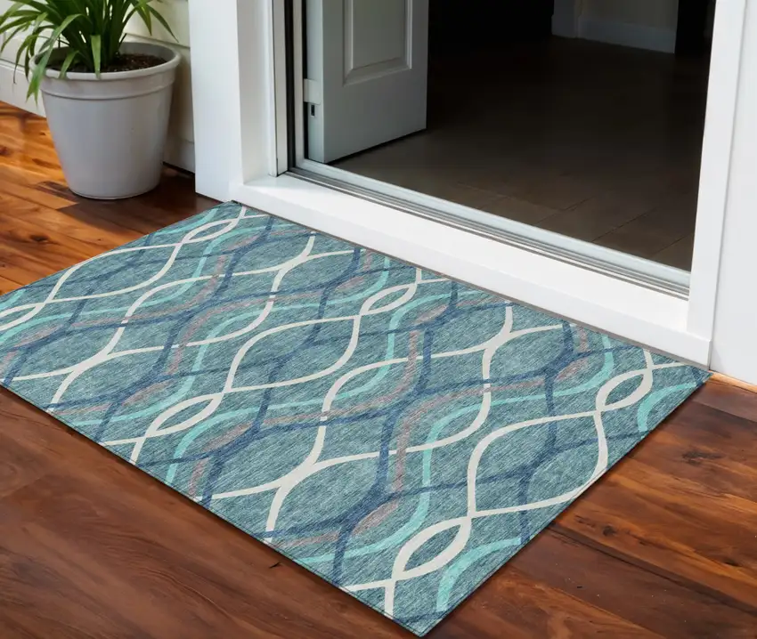 Teal Blue Navy Blue And Gray Abstract Washable Indoor Outdoor Area Rug Photo 1