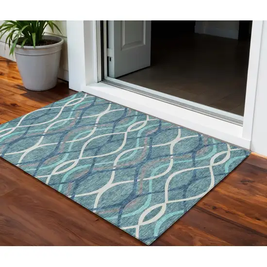Teal Blue Navy Blue And Gray Abstract Washable Indoor Outdoor Area Rug Photo 1