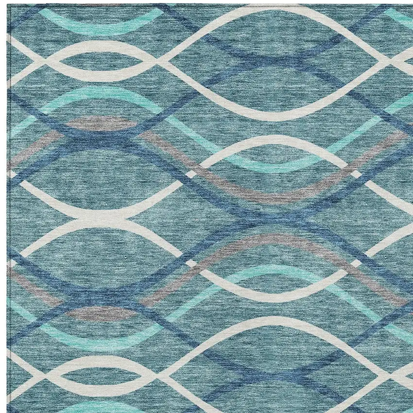 Teal Blue Navy Blue And Gray Abstract Washable Indoor Outdoor Area Rug Photo 4