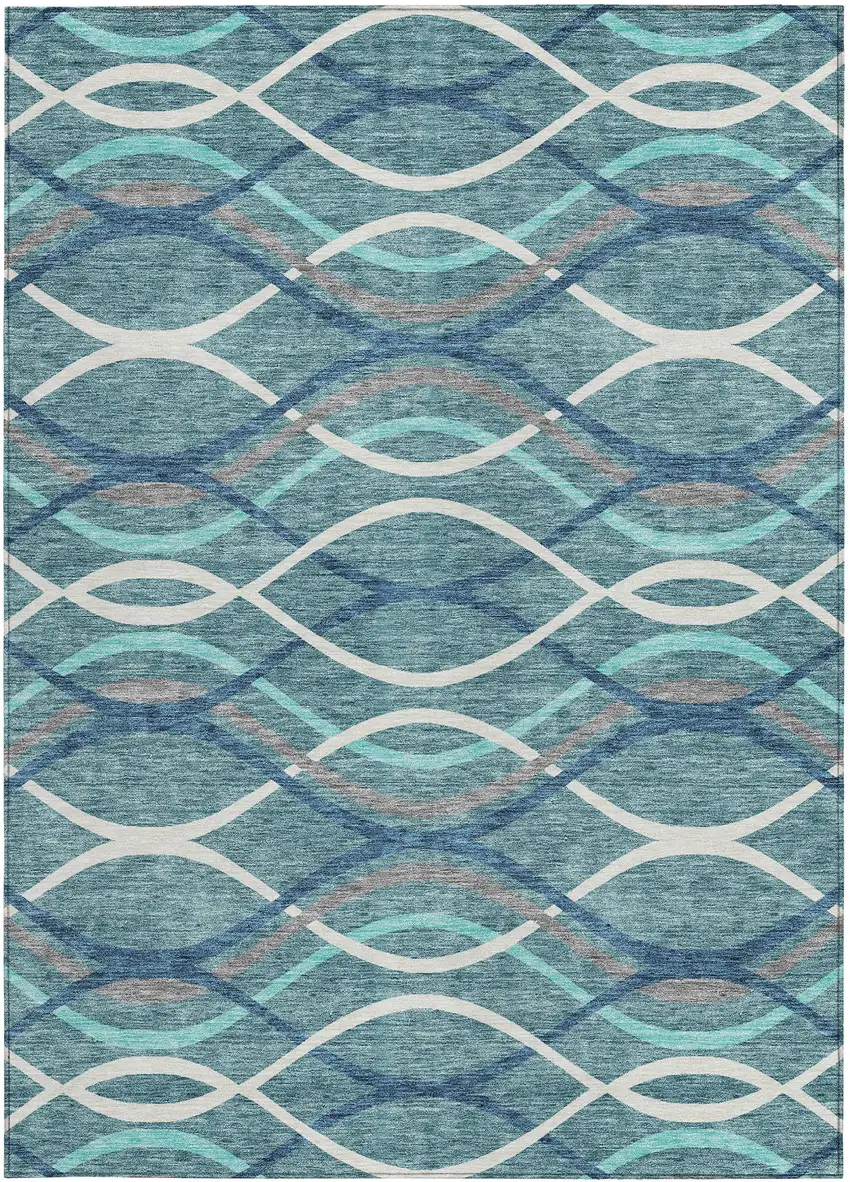 Teal Blue Navy Blue And Gray Abstract Washable Indoor Outdoor Area Rug Photo 5