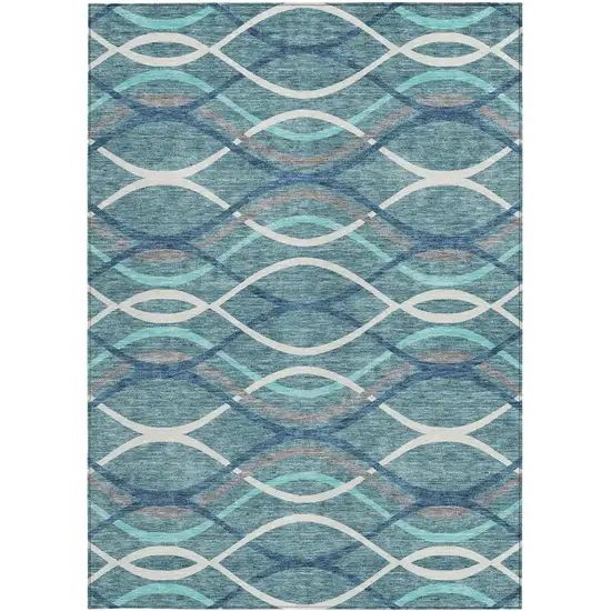 Teal Blue Navy Blue And Gray Abstract Washable Indoor Outdoor Area Rug Photo 5