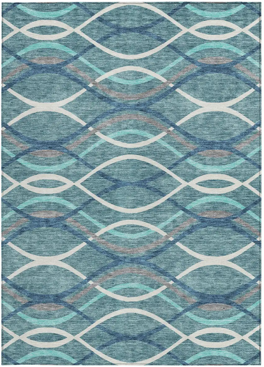 Teal Blue Navy Blue And Gray Abstract Washable Indoor Outdoor Area Rug Photo 5