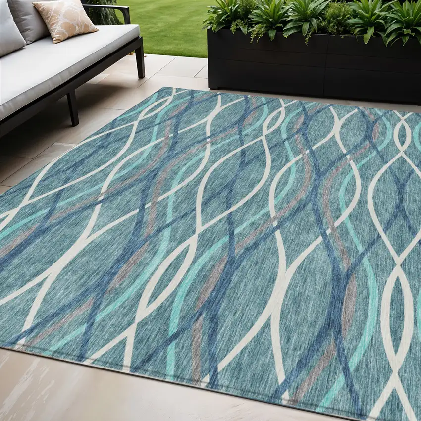 Teal Blue Navy Blue And Gray Abstract Washable Indoor Outdoor Area Rug Photo 1