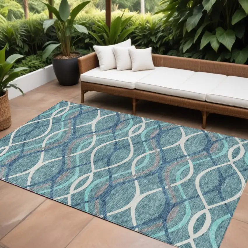 Teal Blue Navy Blue And Gray Abstract Washable Indoor Outdoor Area Rug Photo 1