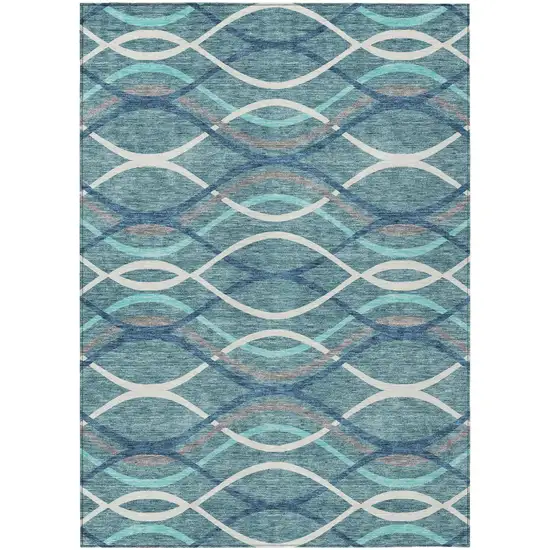 Teal Blue Navy Blue And Gray Abstract Washable Indoor Outdoor Area Rug Photo 1