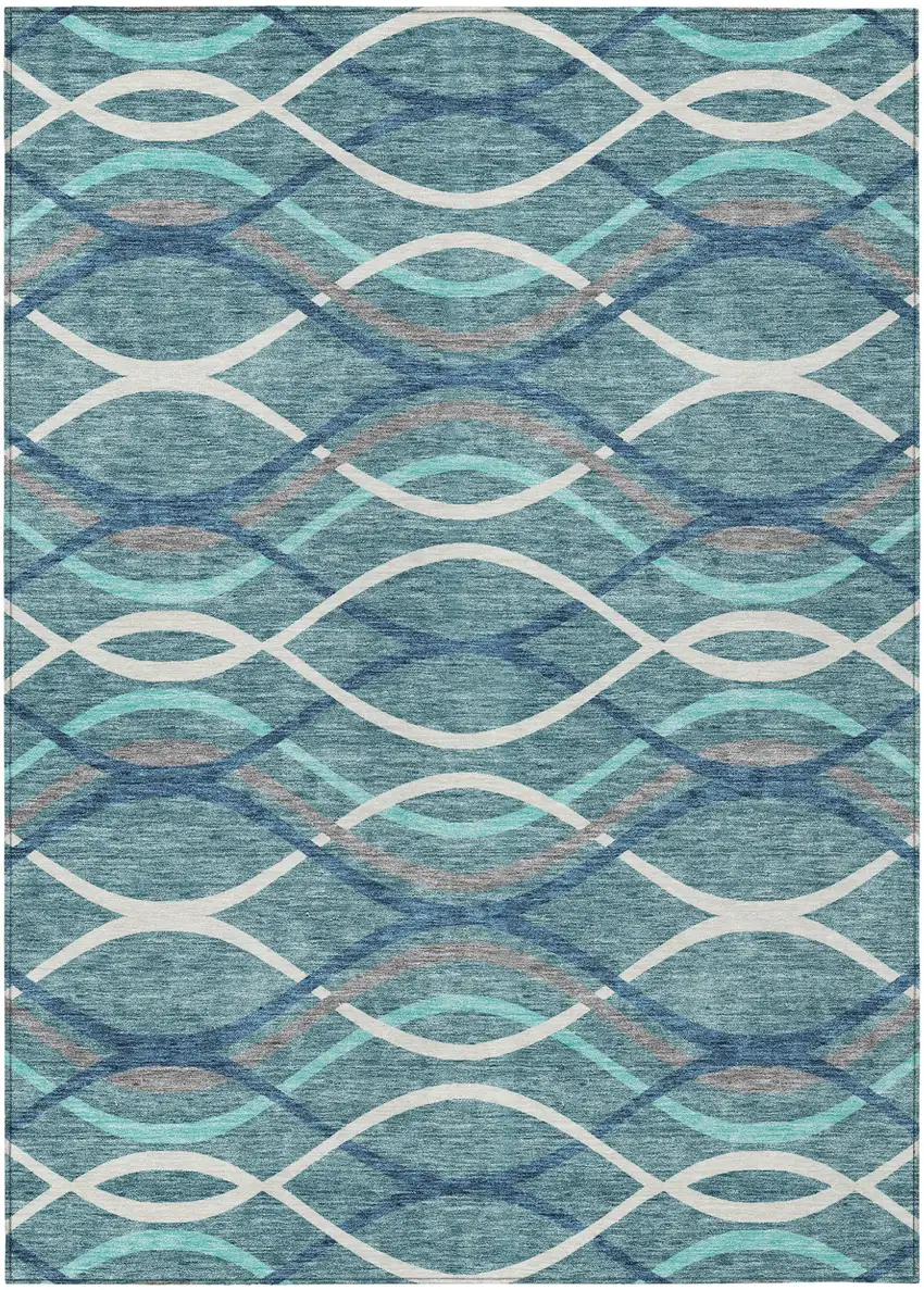 Teal Blue Navy Blue And Gray Abstract Washable Indoor Outdoor Area Rug Photo 1