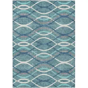 Photo of Teal Blue Navy Blue And Gray Abstract Washable Indoor Outdoor Area Rug