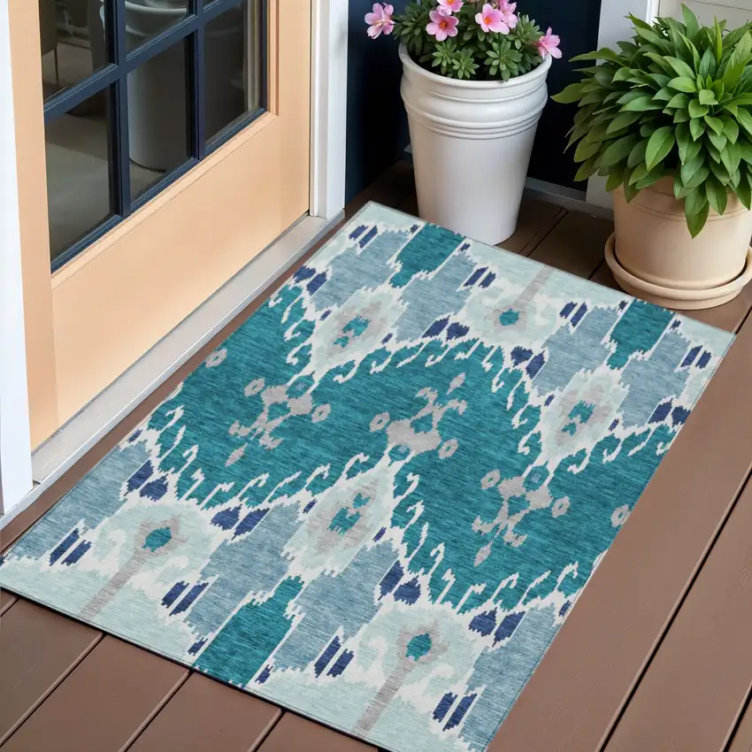 Teal Blue Navy Blue And Gray Ikat Washable Indoor Outdoor Area Rug Photo 1