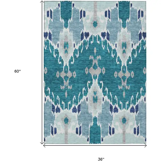 Teal Blue Navy Blue And Gray Ikat Washable Indoor Outdoor Area Rug Photo 8