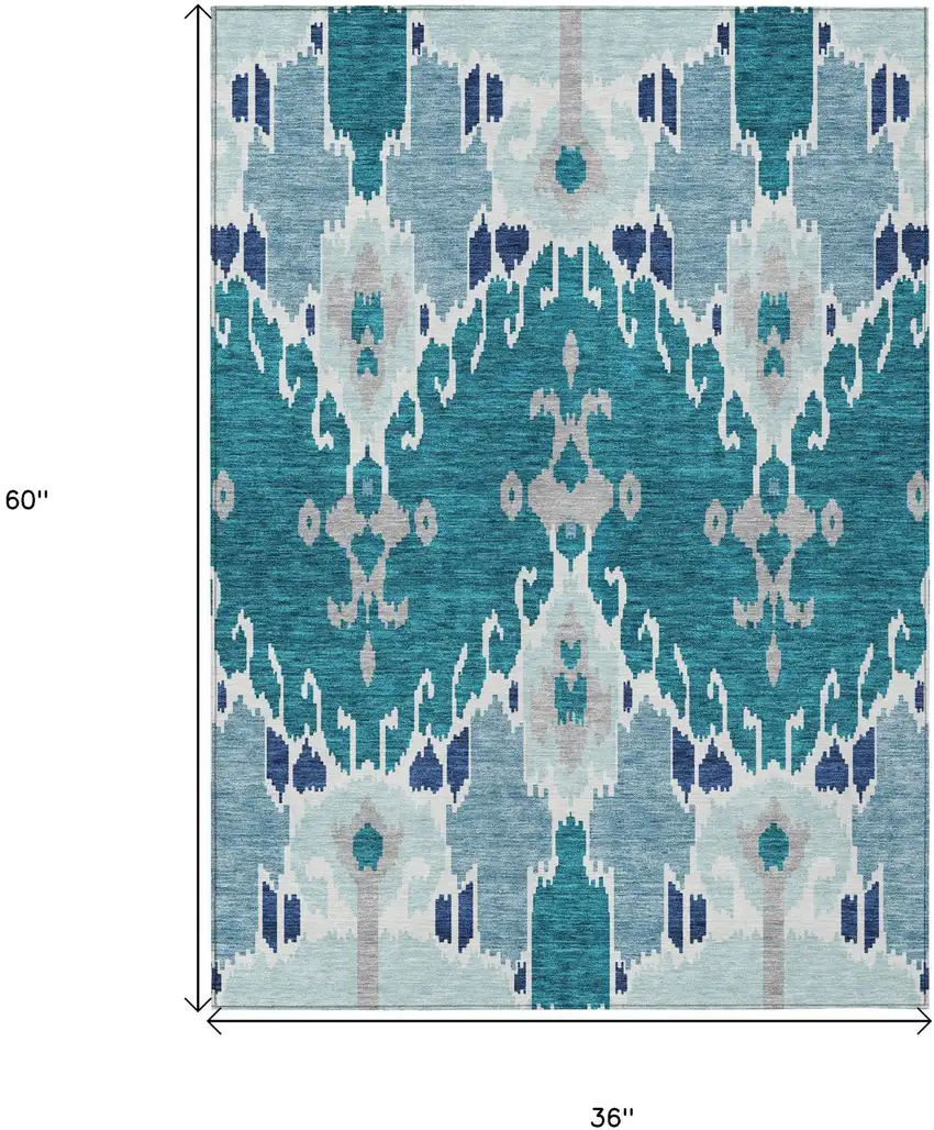 Teal Blue Navy Blue And Gray Ikat Washable Indoor Outdoor Area Rug Photo 8