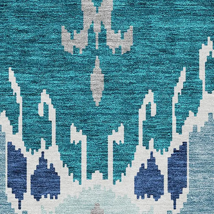 Teal Blue Navy Blue And Gray Ikat Washable Indoor Outdoor Area Rug Photo 5
