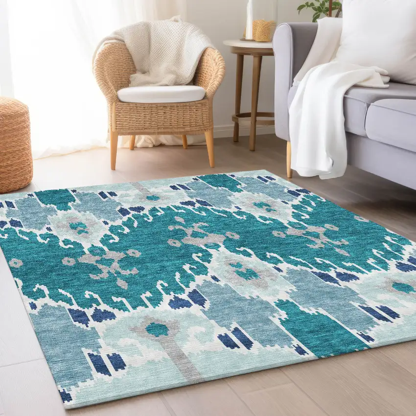 Teal Blue Navy Blue And Gray Ikat Washable Indoor Outdoor Area Rug Photo 8
