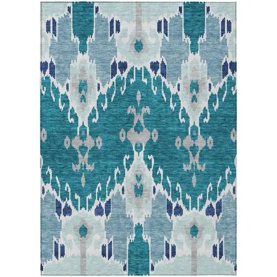 Teal Blue Navy Blue And Gray Ikat Washable Indoor Outdoor Area Rug Photo 1