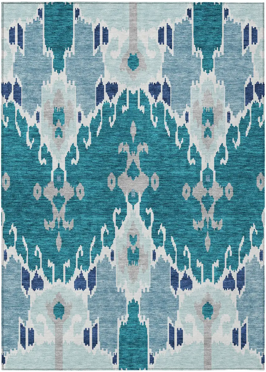 Teal Blue Navy Blue And Gray Ikat Washable Indoor Outdoor Area Rug Photo 1