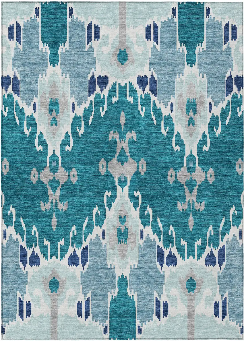 Teal Blue Navy Blue And Gray Ikat Washable Indoor Outdoor Area Rug Photo 1