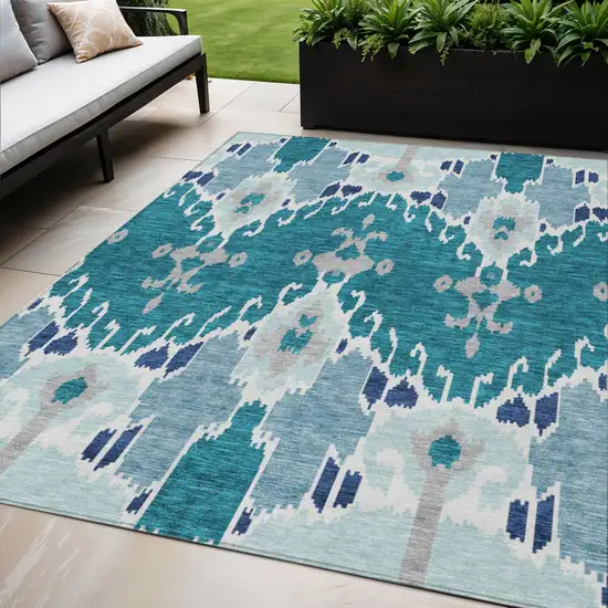 Teal Blue Navy Blue And Gray Ikat Washable Indoor Outdoor Area Rug Photo 1