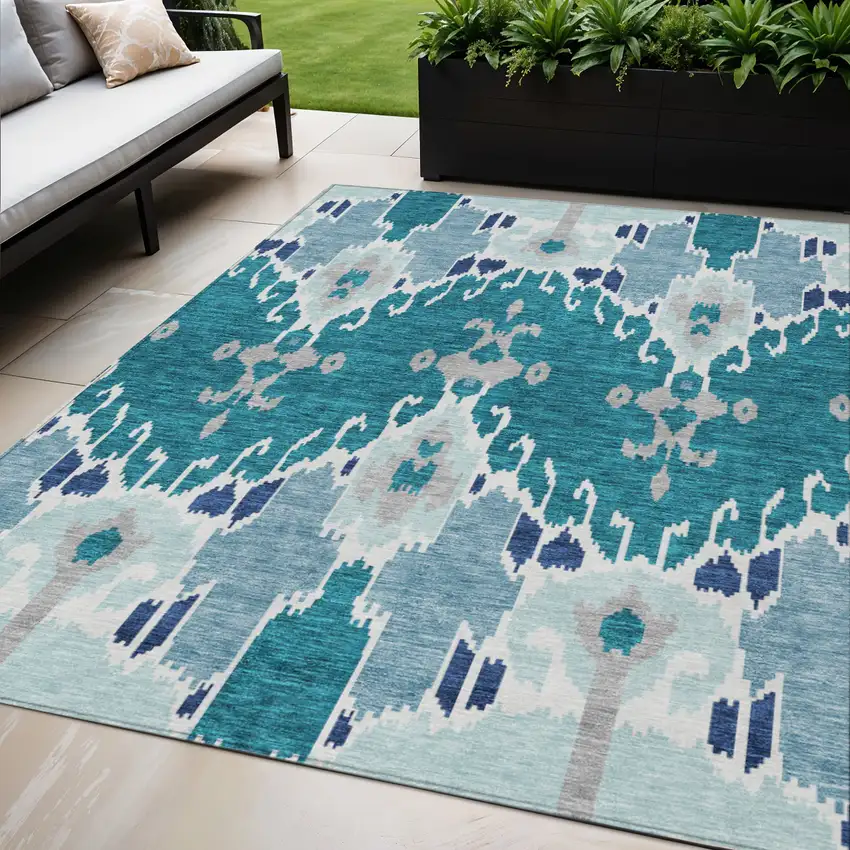 Teal Blue Navy Blue And Gray Ikat Washable Indoor Outdoor Area Rug Photo 1