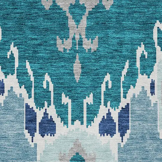 Teal Blue Navy Blue And Gray Ikat Washable Indoor Outdoor Area Rug Photo 6